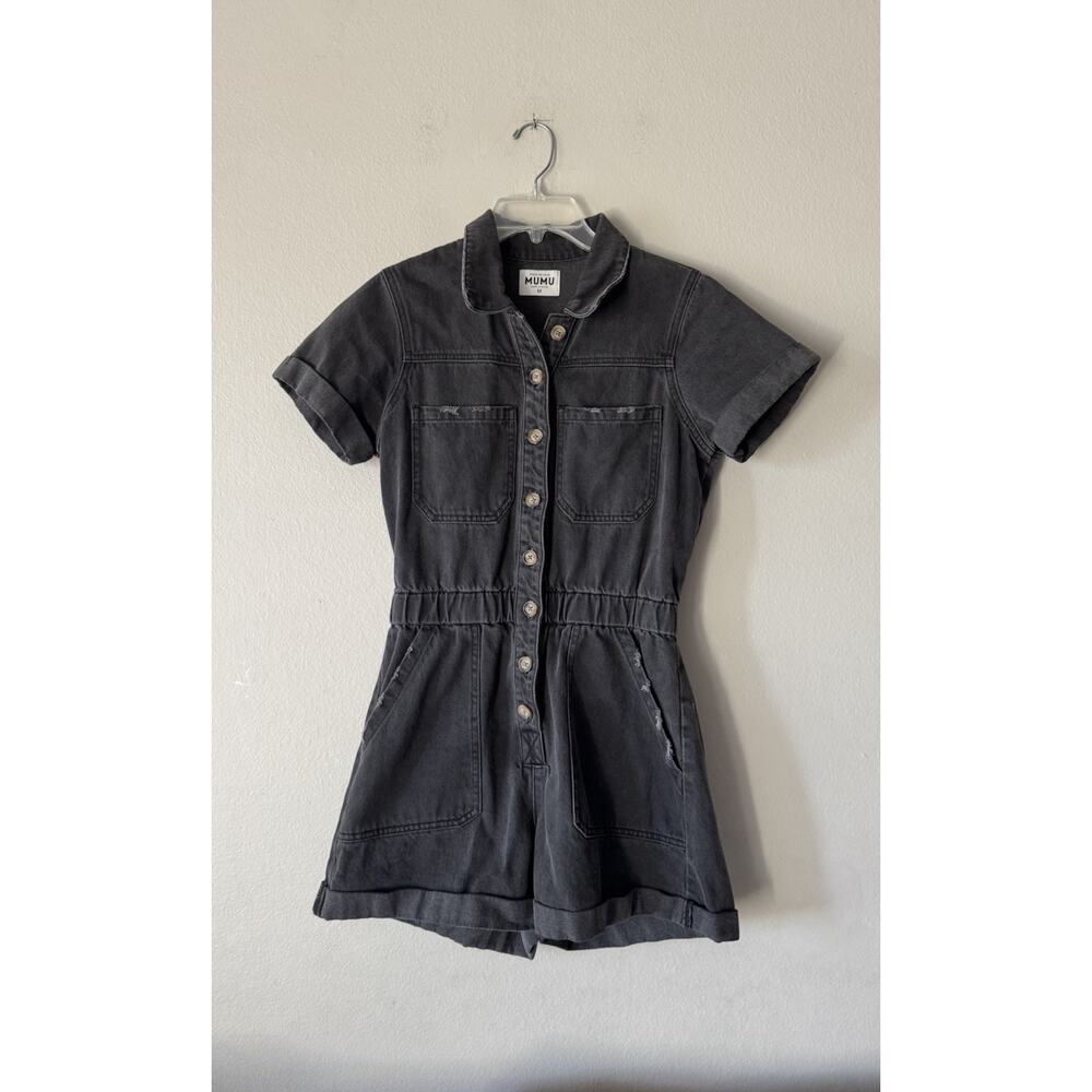 Show Me Your Mumu Cannon Romper Womens Size Medium Washed Black Denim Distressed
